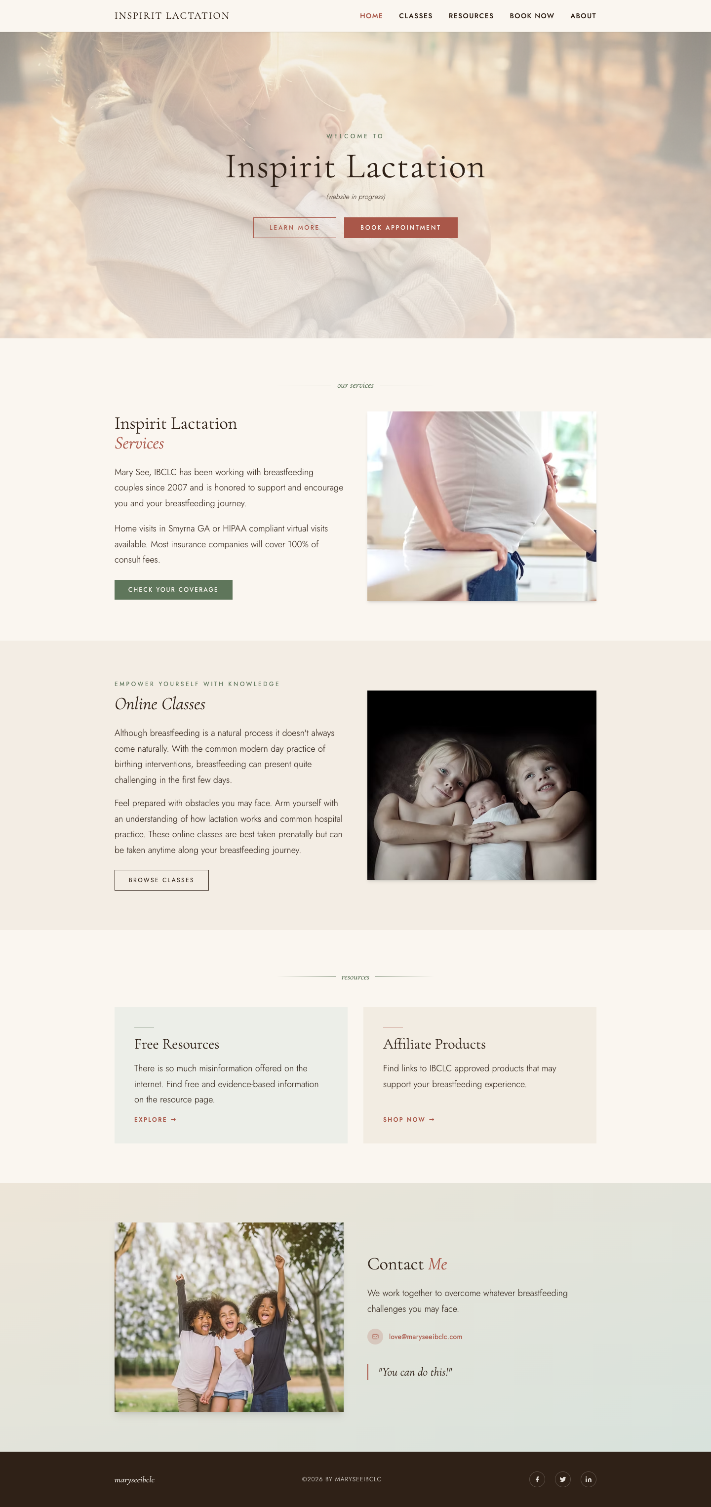 Full homepage of the Inspirit Lactation website