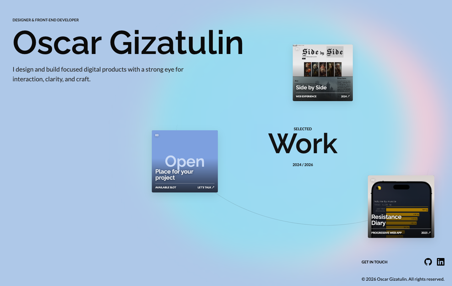 Full homepage of Oscar Gizatulin's portfolio website